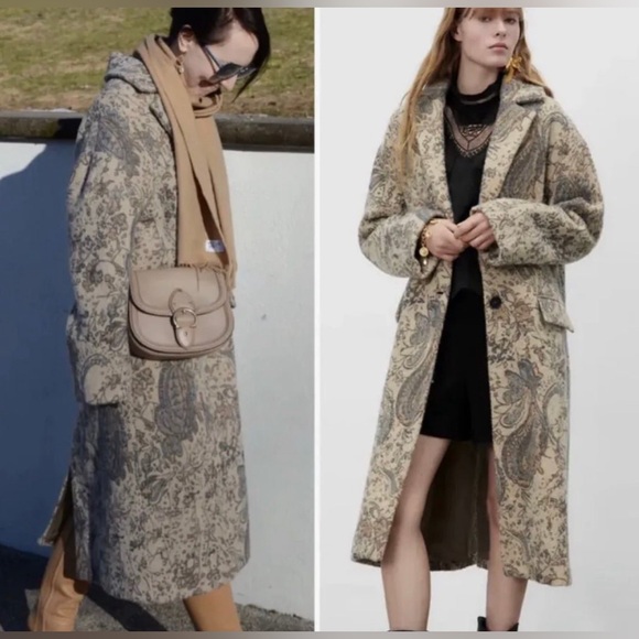 NWT ZARA Blogger Fav. Oversized Wool Coat LMT Ed. Sand Paisley Print - Picture 5 of 10